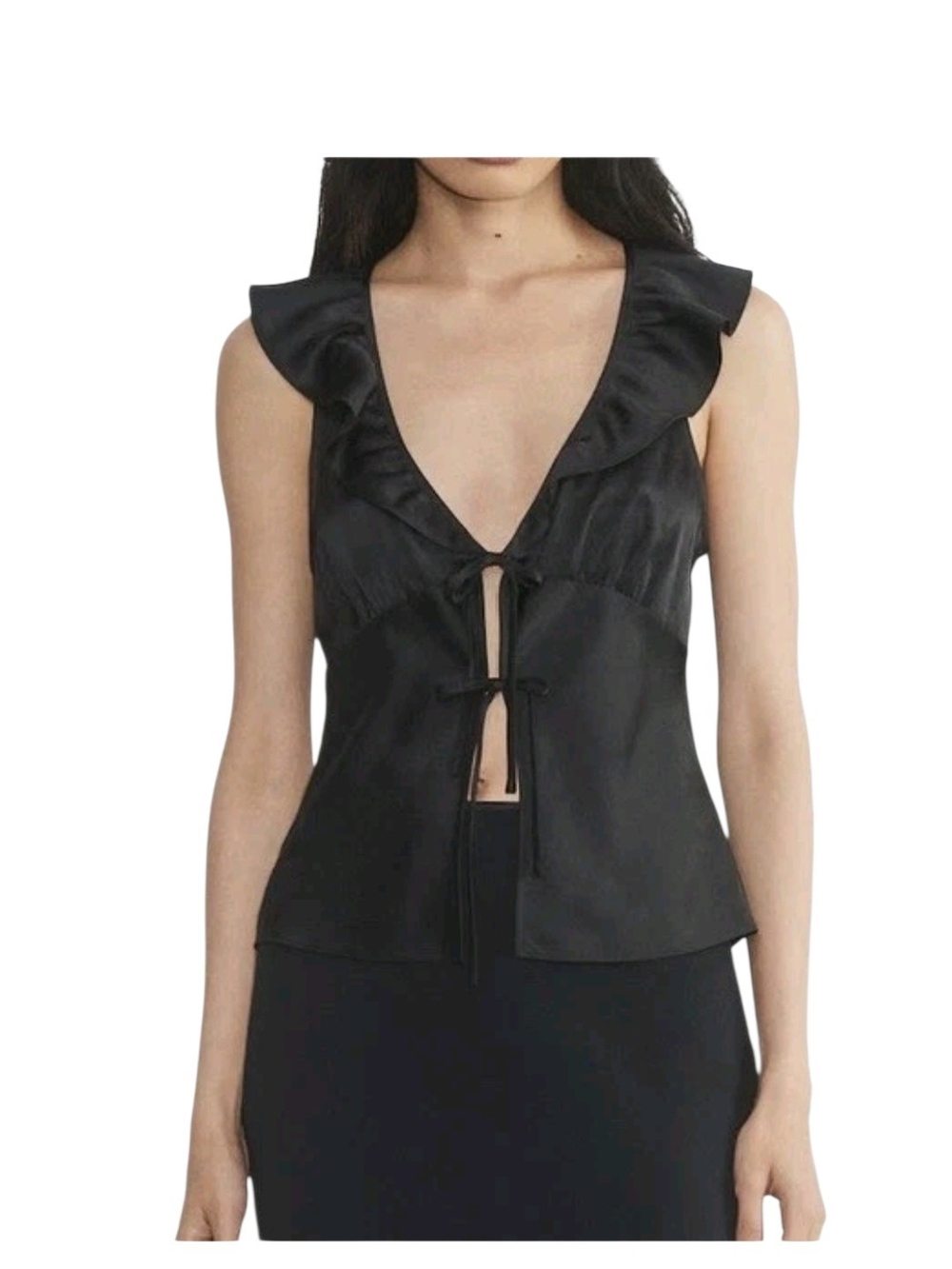 Aritzia Wilfred Tonka Satin Blouse Black XL Altered Ruffle Tie Front